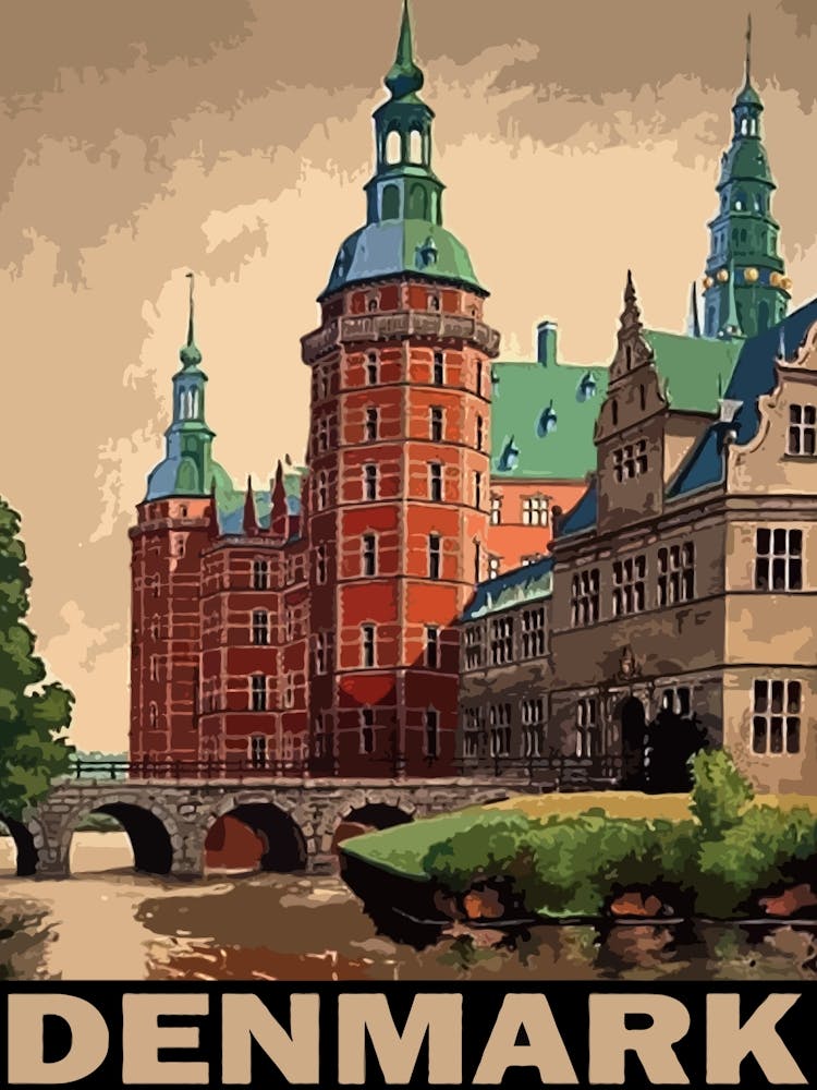 Denmark, Medieval Castle, Vintage Travel Poster
