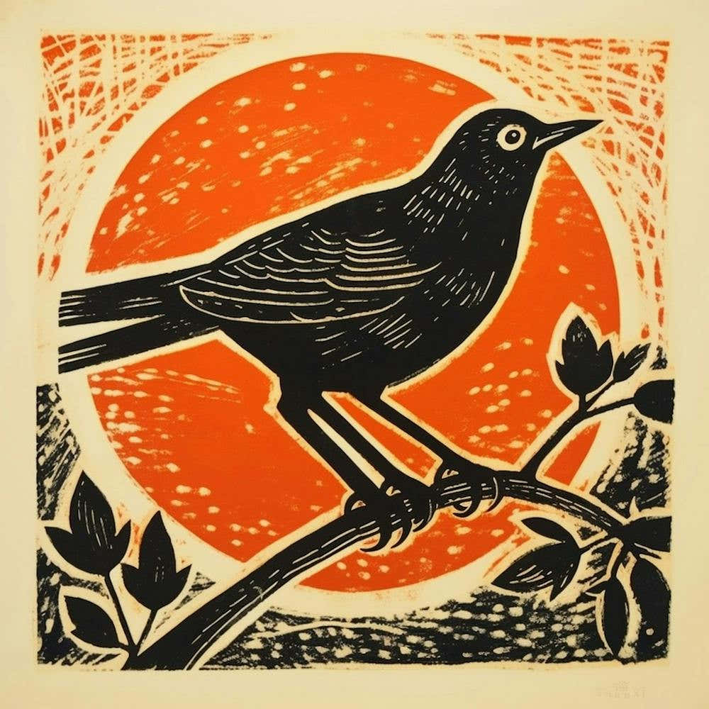 Retro Bird Lithograph Blackbird 2