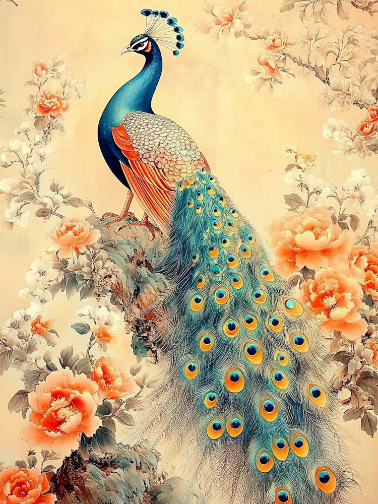 Luxury Chinoiserie Painting Of Peacock On Vintage Floral Pattern 1