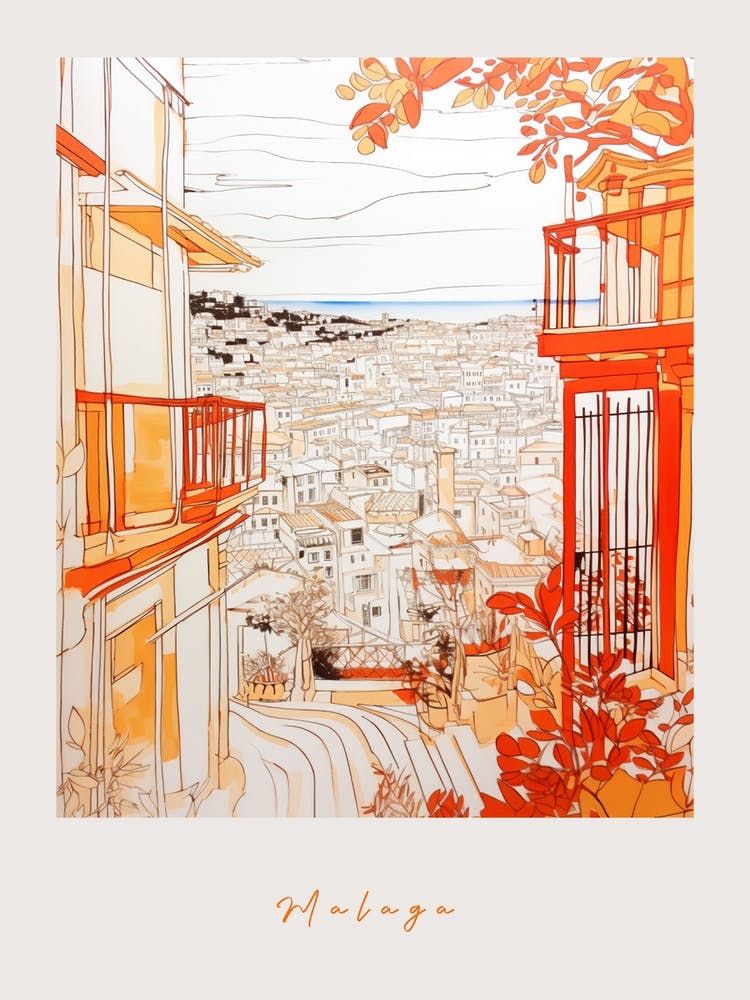 Malaga Spain Orange Drawing Poster