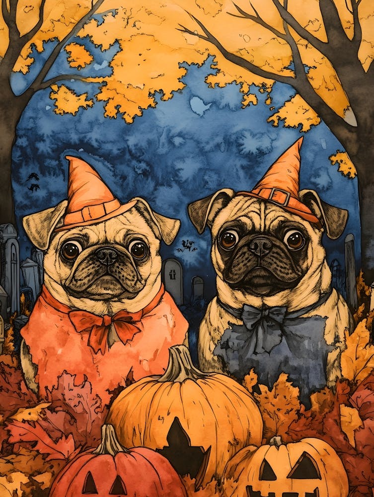 Halloween Pugs Watercolor 2