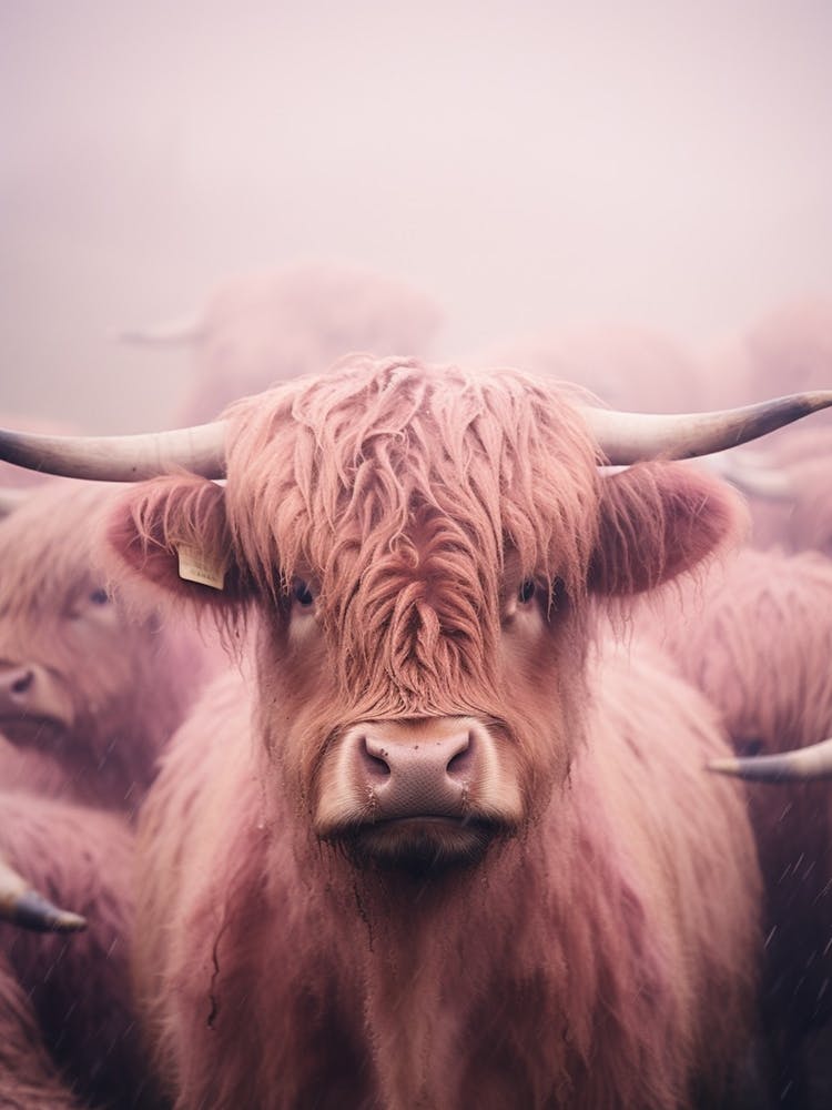 Blush Pink Highland Cows In The Rain 2