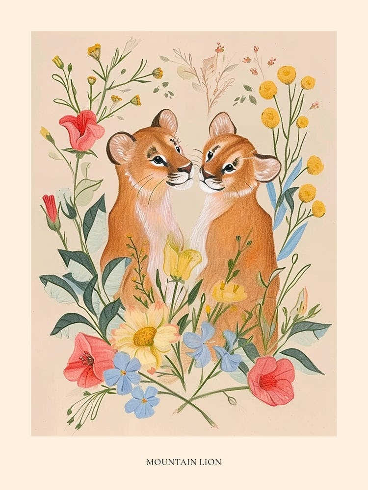 Folksy Floral Animal Drawing Mountain Lion 2 Poster