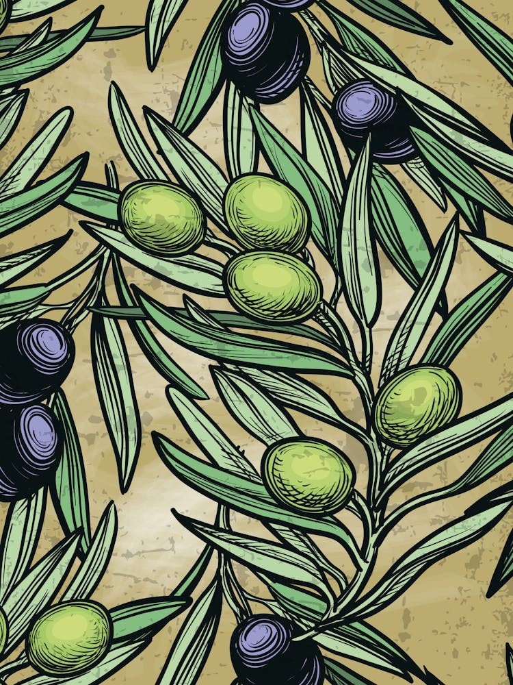 Olive Branch Seamless Pattern Vector - olives poster, kitchen wall art