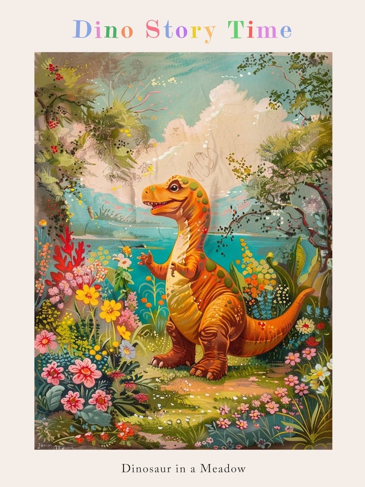 Dinosaur In A Floral Meadow Vintage Storybook Painting 1 Poster