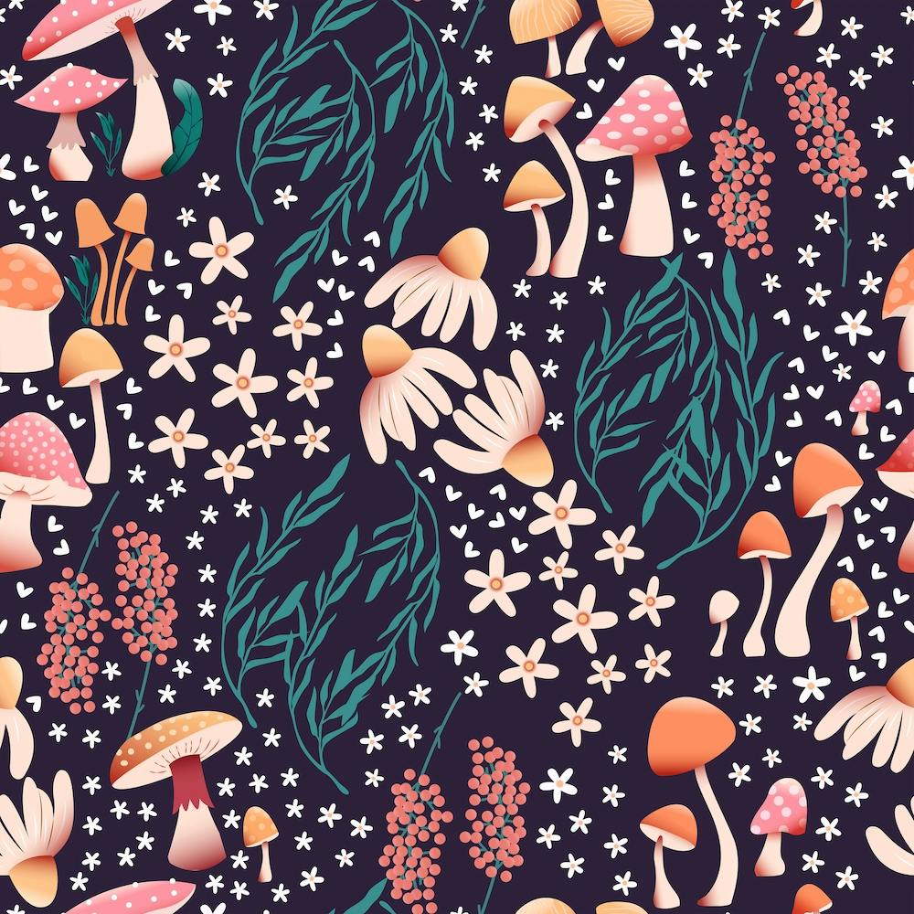 Mushroom Pattern With Flowers On Purple Square