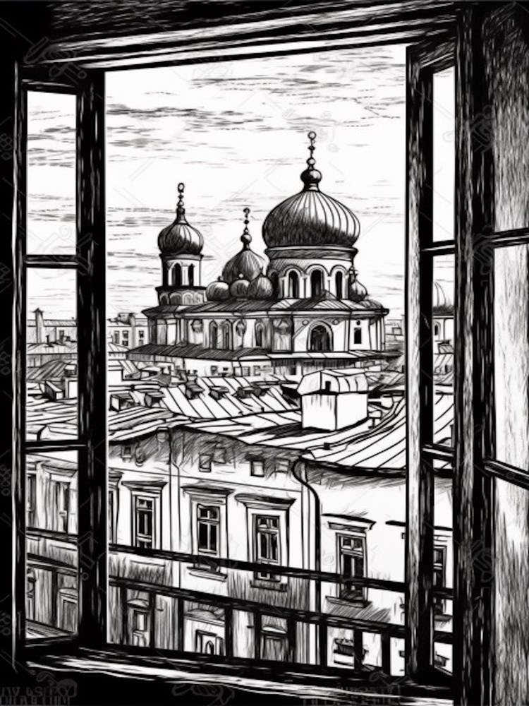 Window View Of Moscow Russia   Black And White Colouring Pages Line Art 4