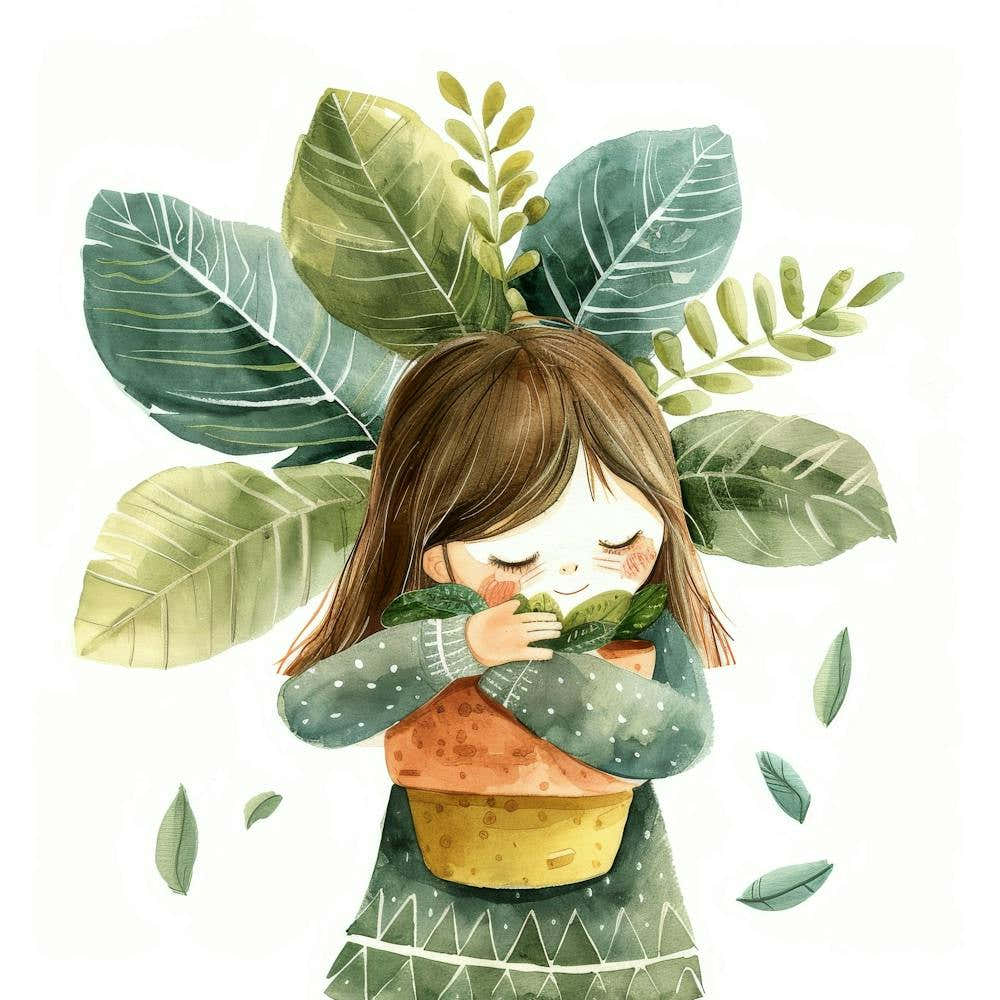 Little Girl Hugging A Plant