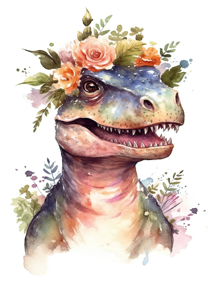 Tyrannosaurus Rex With A Crown Of Flowers Cute Dinosaur Watercolour 1