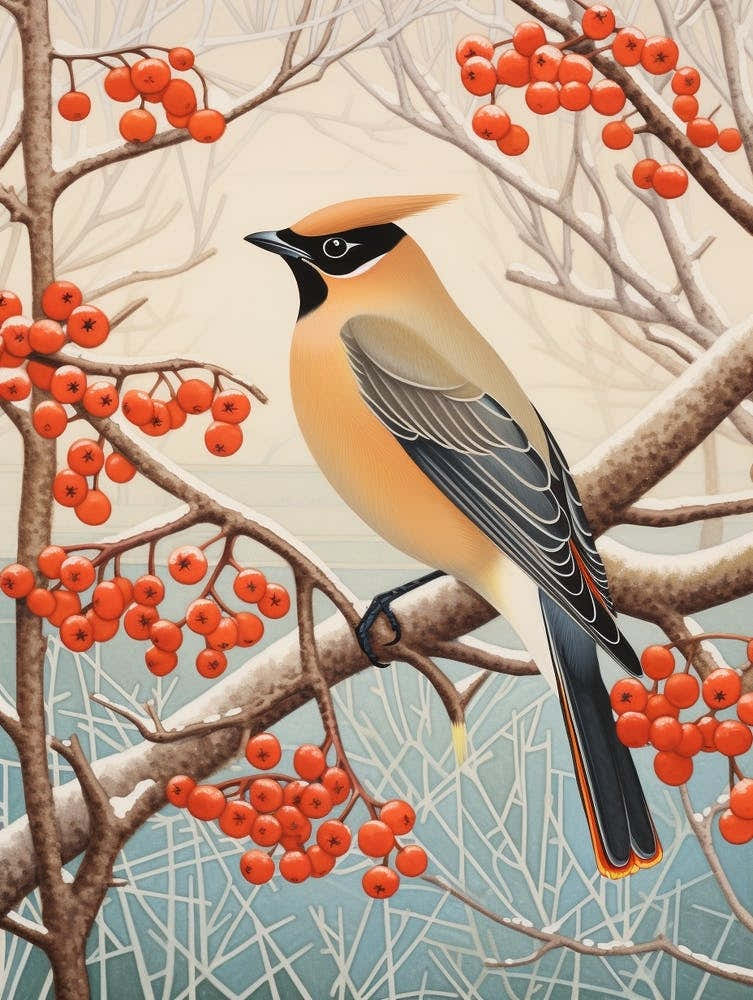 Winter Bird Painting Cedar Waxwing 4