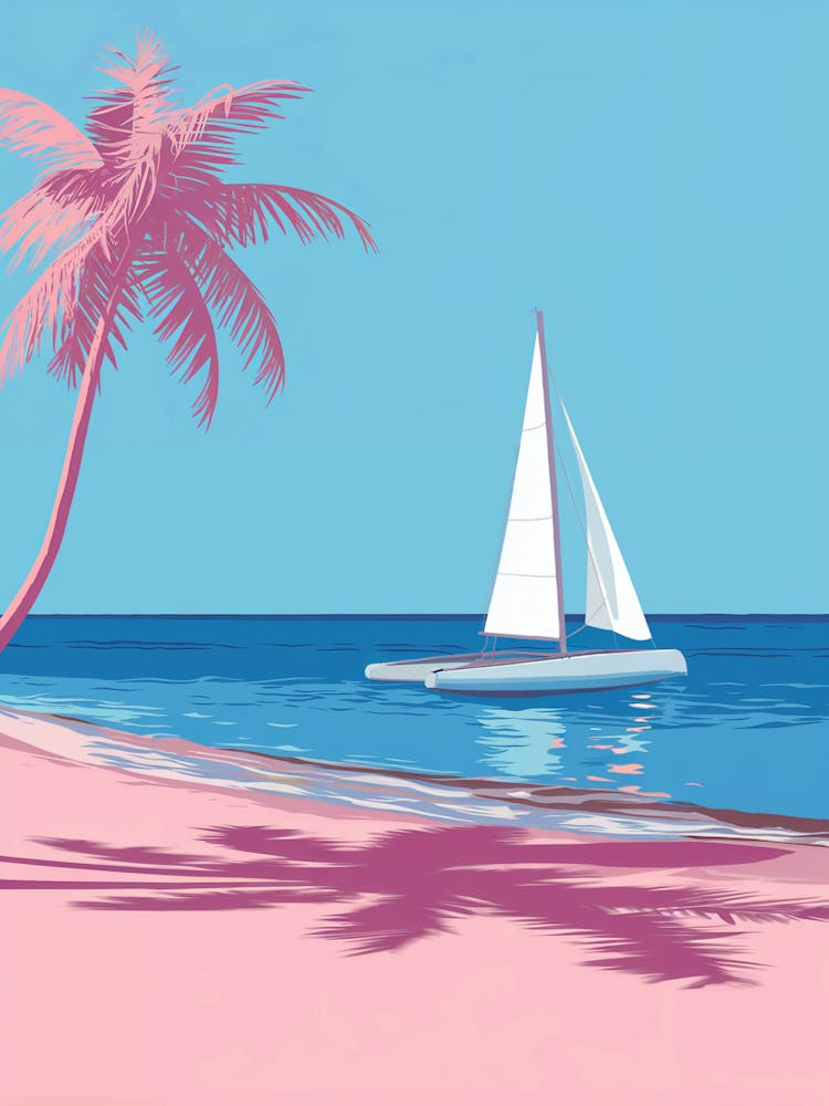 Pink Beach With Sailboat