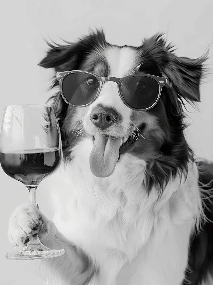 Australian Shepherd Holding Wine Wall Art, Black And White Print, Aussie Shepherd Gift, Alcohol Print, Funny Dog Poster, Kitchen Wall Decor