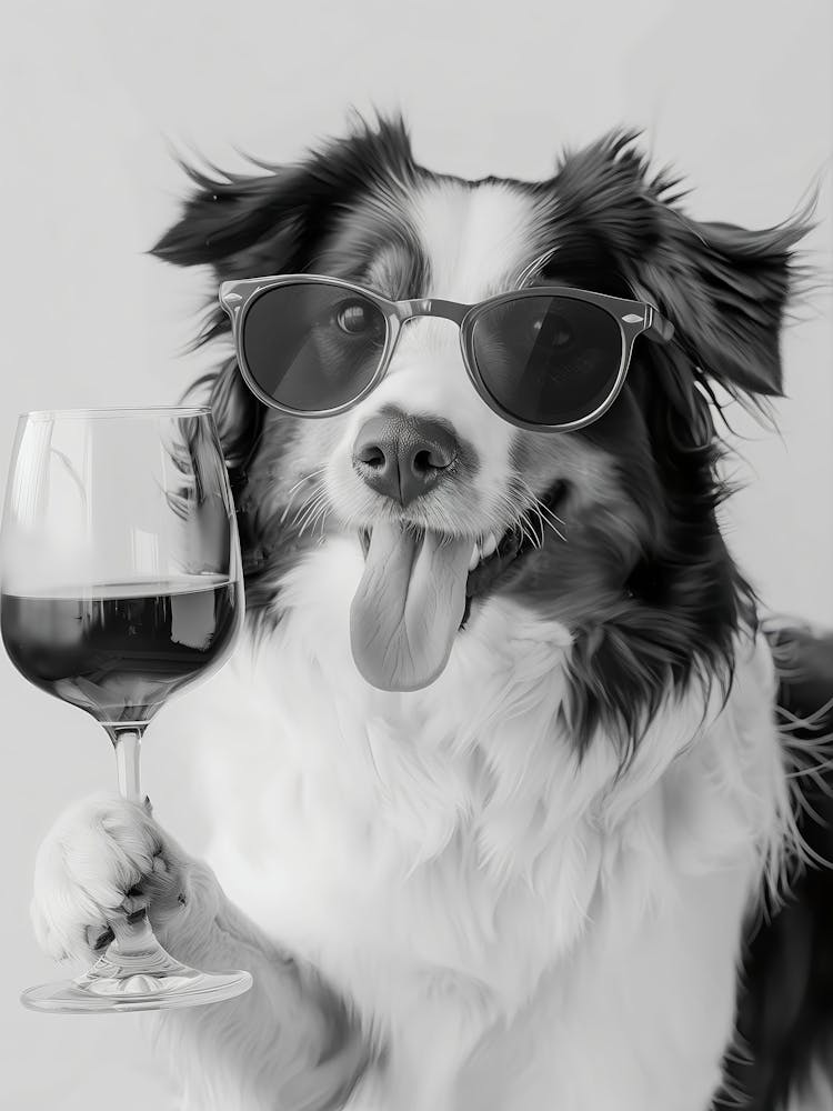 Australian Shepherd Holding Wine Wall Art, Black And White Print, Aussie Shepherd Gift, Alcohol Print, Funny Dog Poster, Kitchen Wall Decor
