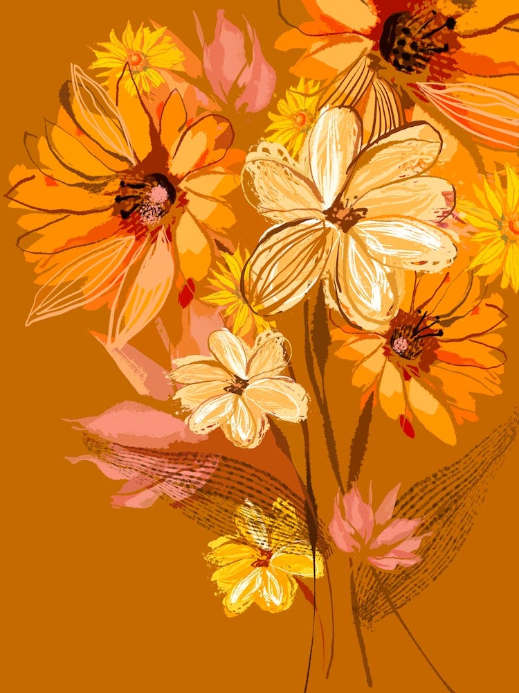 Retro Flowers Orange Abstract
