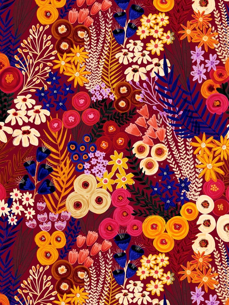 Painterly Wildflower Meadow Rich Warmth Multicolor on Dark Red