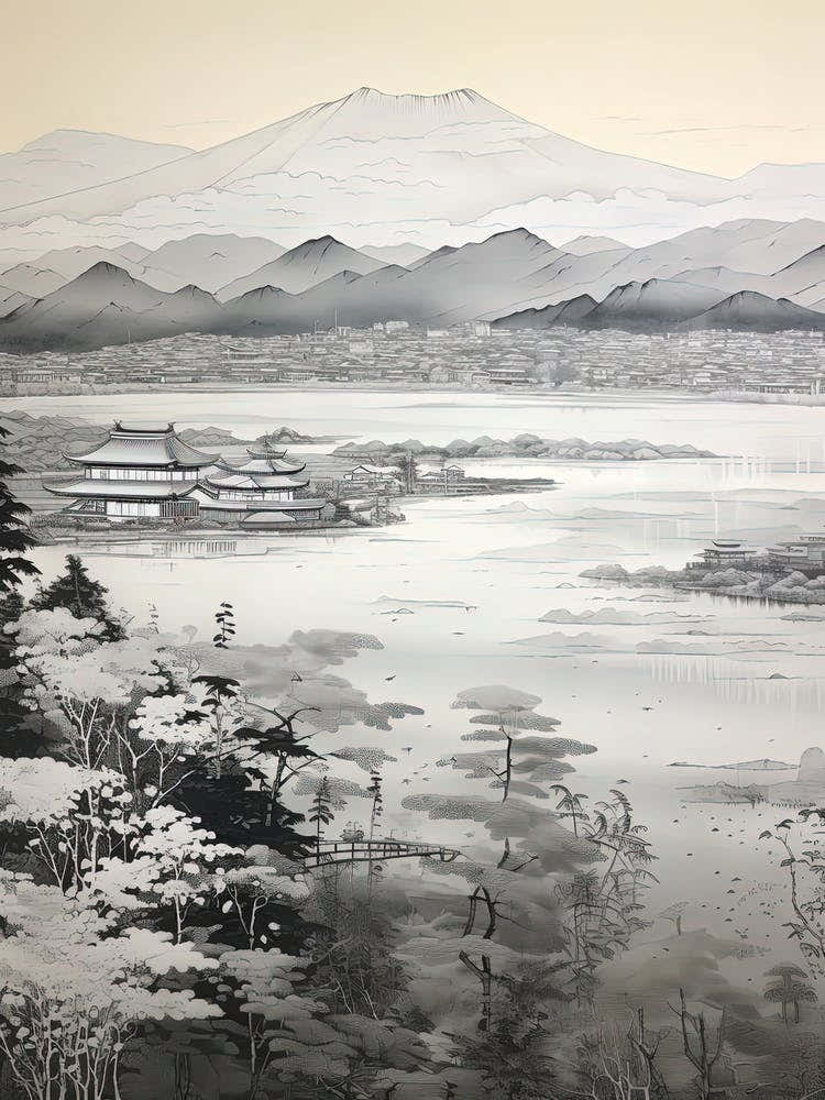 Amanohashidate In Kyoto, Ukiyo E Black And White Line Art Drawing 8