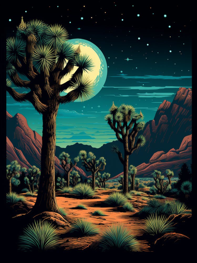 Retro Illustration Of A Joshua Trees At Night 2