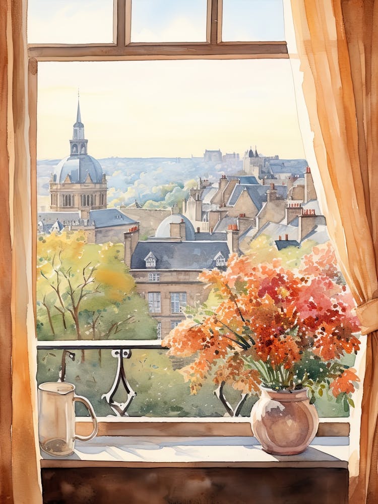 Window View Of Luxembourg City Luxembourg In Autumn Fall, Watercolour 3