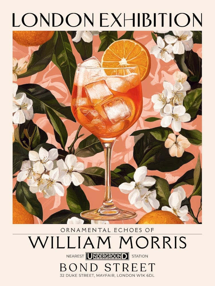 Aperol Spritz cocktail print William Morris style maximalist floral art, summer inspired drink wall art vintage botanical still life eclectic decor for bar cart, living room, kitchen, dining room 8
