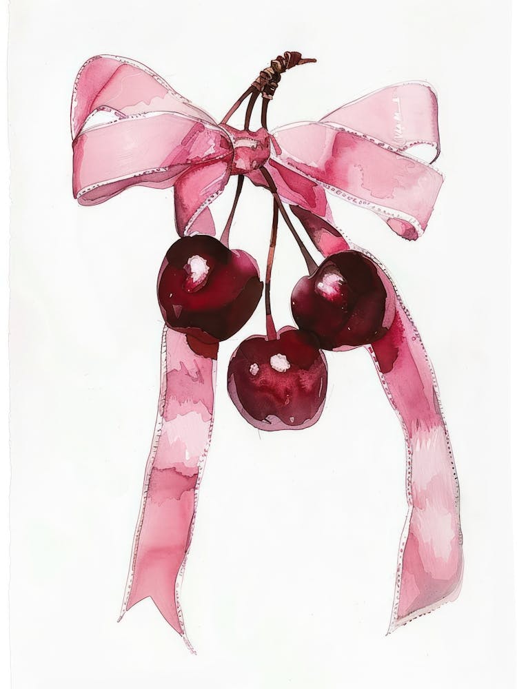 Cherries And Bow Painting Retro Watercolour Illustration Coquette Kitchen