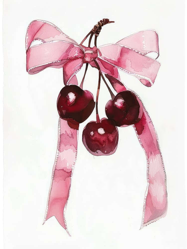 Cherries And Bow Painting Retro Watercolour Illustration Coquette Kitchen