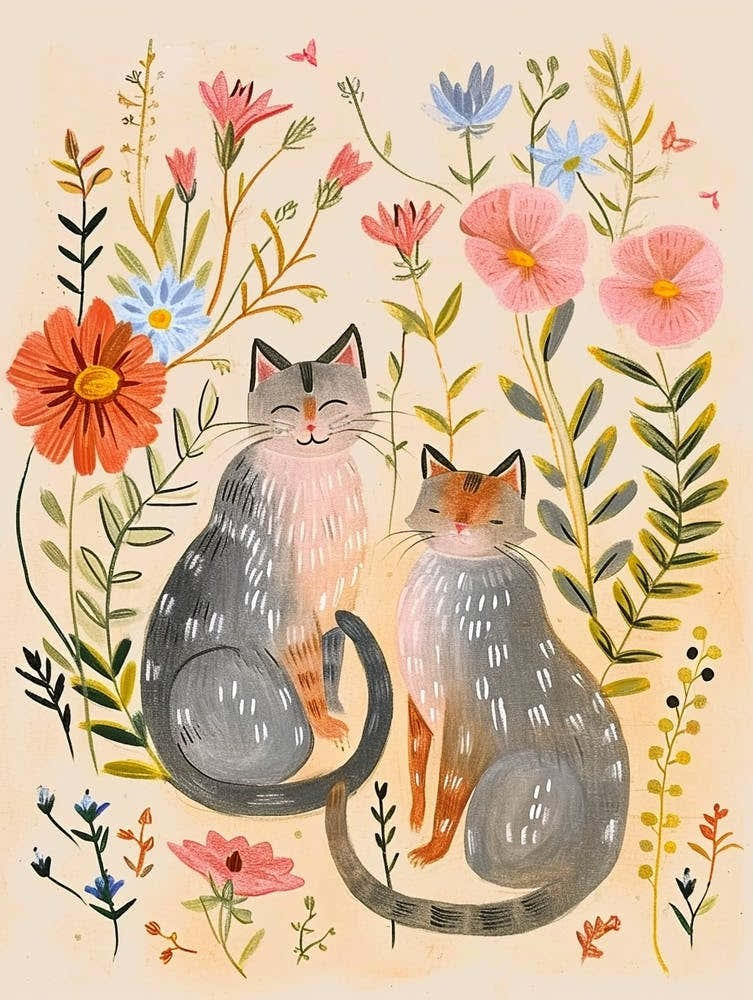 Folksy Floral Animal Drawing Cat 4