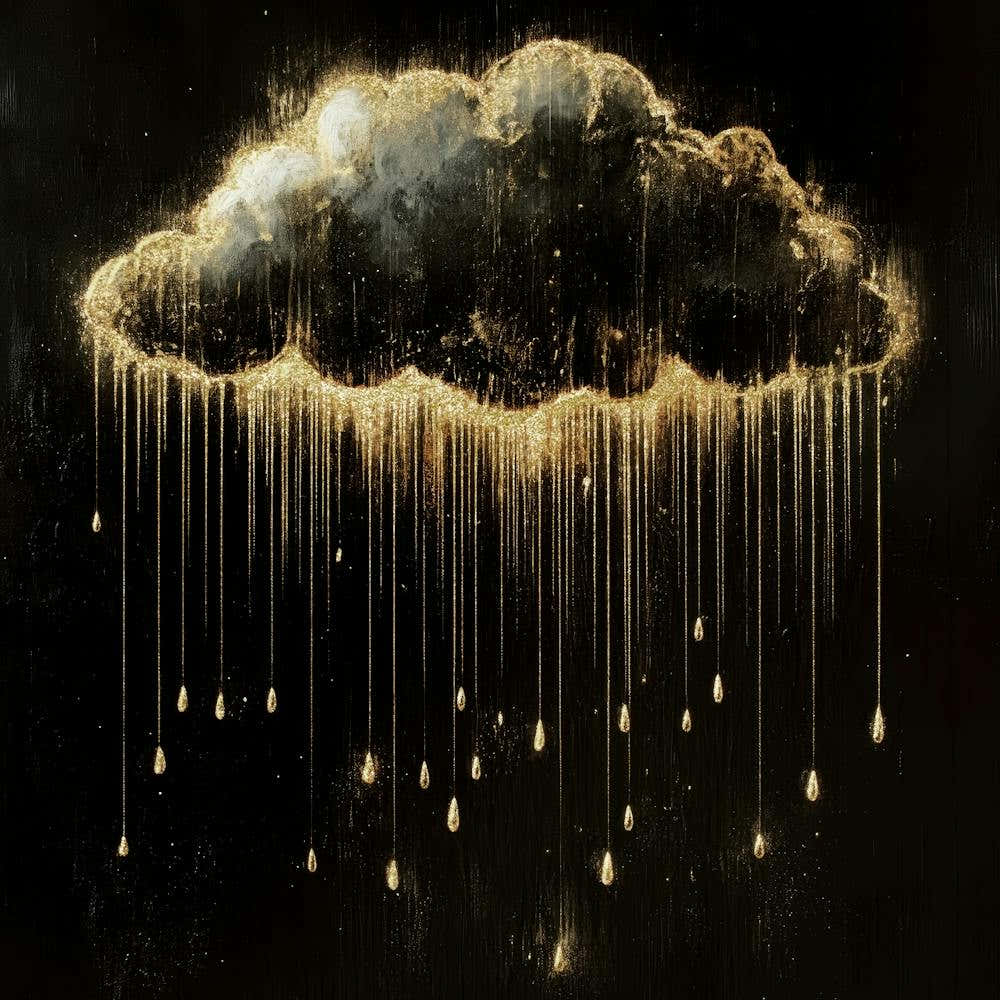 Golden rain from moody cloud painting in black and warm gold tones in a minimalist luxe aesthetic, surreal celestial art in the style of Gustav Klimt ideal for bedrooms, luxe livng rooms, entryways, modern interiors 3
