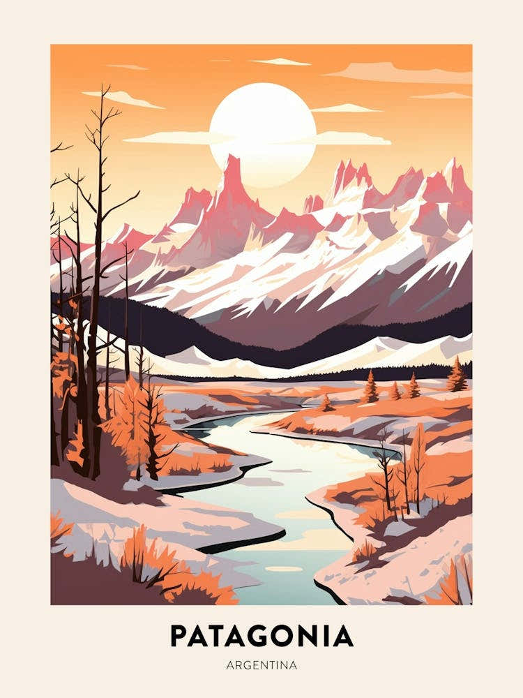Vintage Winter Travel Poster Patagonia Argentina 2