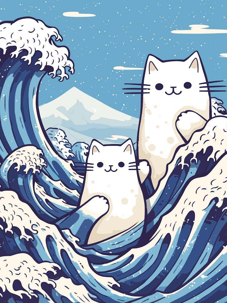 Hokusai Great Wave Cats Kawaii Cartoon Mount Fuji