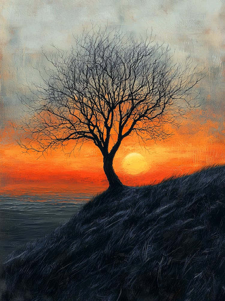 Sunset Tree, Romantic Monochrome Charcoal style
