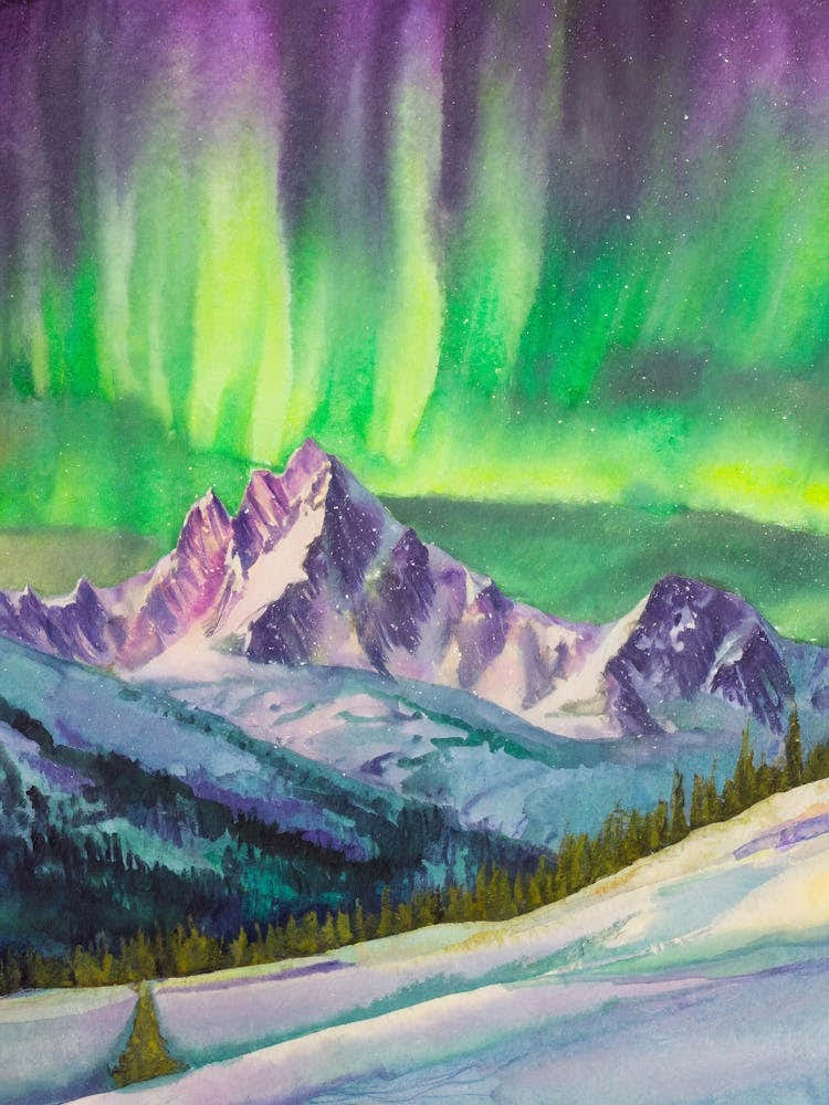 Aurora Borealis Over A Snowy Mountain Range