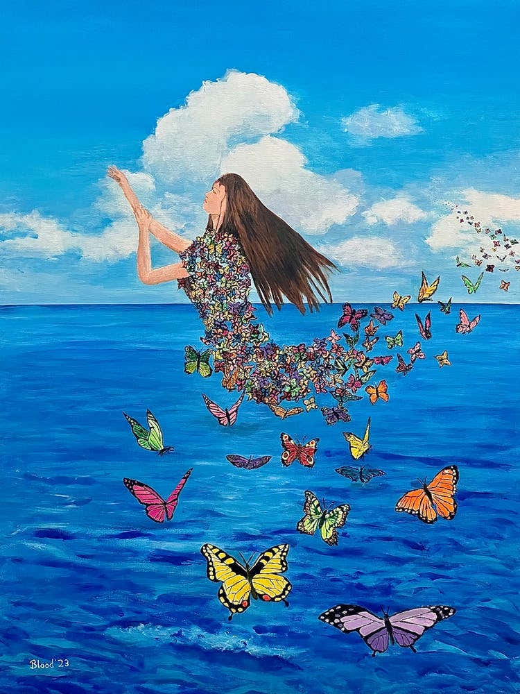 Woman Made of Butterflies Surreal Blue Sky And Ocean
