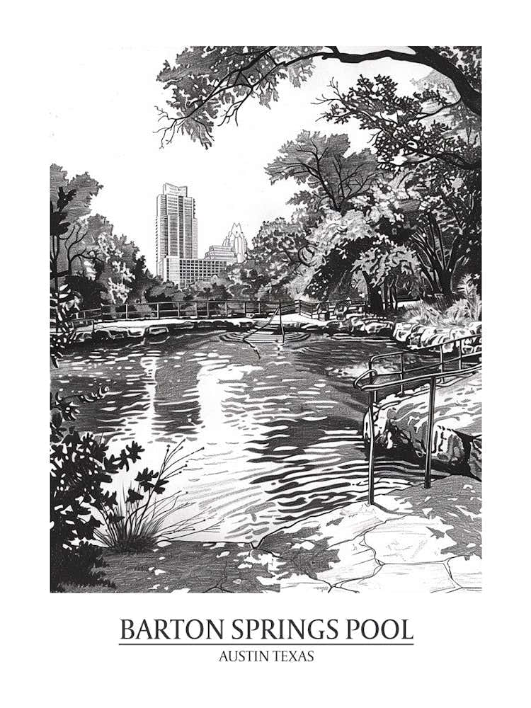Barton Springs Pool Austin Texas Black And White Drawing 1 Poster