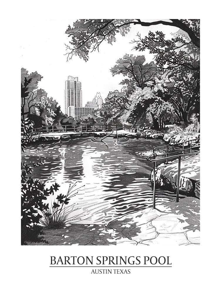 Barton Springs Pool Austin Texas Black And White Drawing 1 Poster