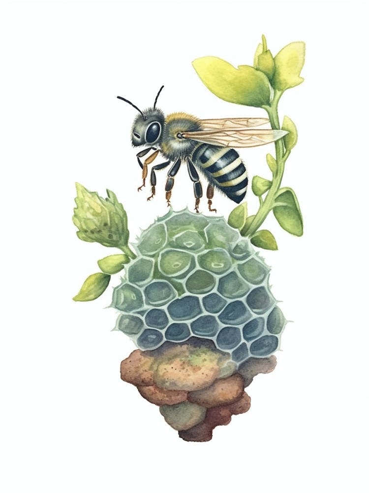 Blue Eyed Sweat Bee Beehive Watercolour Illustration 3