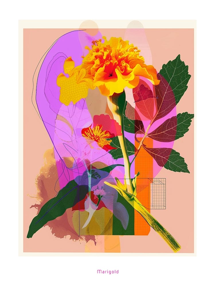 Marigold 4 Neon Flower Collage Poster