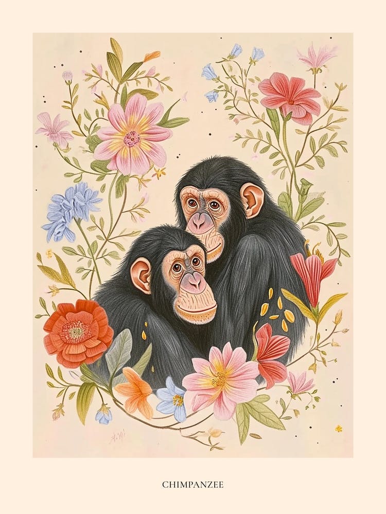 Folksy Floral Animal Drawing Chimpanzee Poster