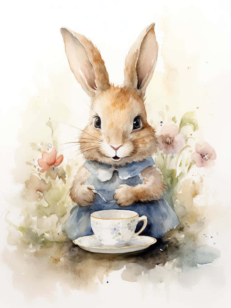 Bunny Drinking Tea Rabbit Prints Watercolour 3