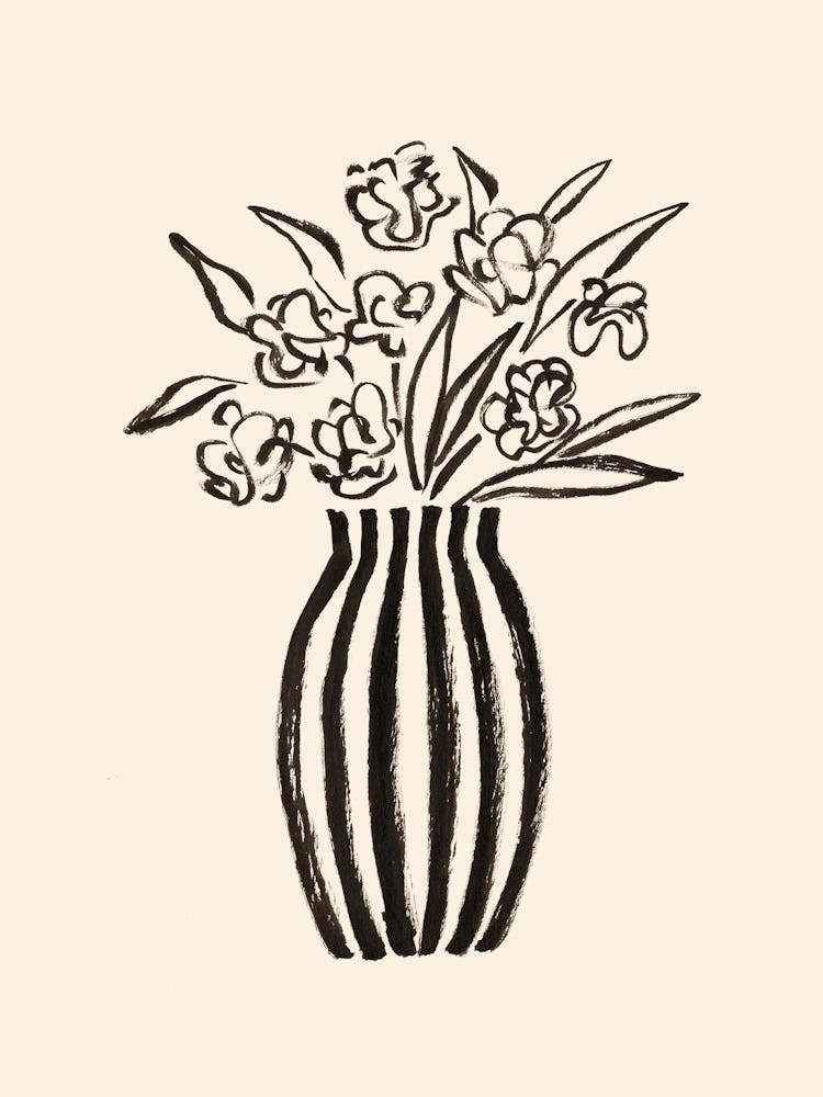Stripes Flower Vase Floral Still Life Illustration - Black and White