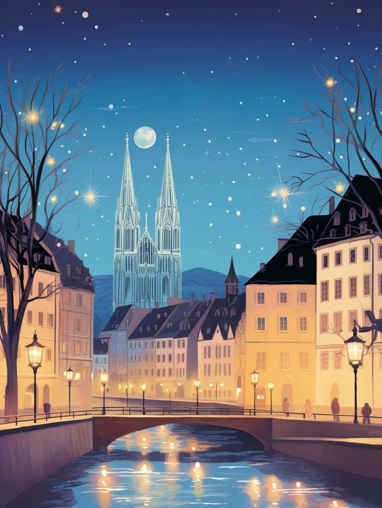 Winter Travel Night Illustration Strasbourg France 1