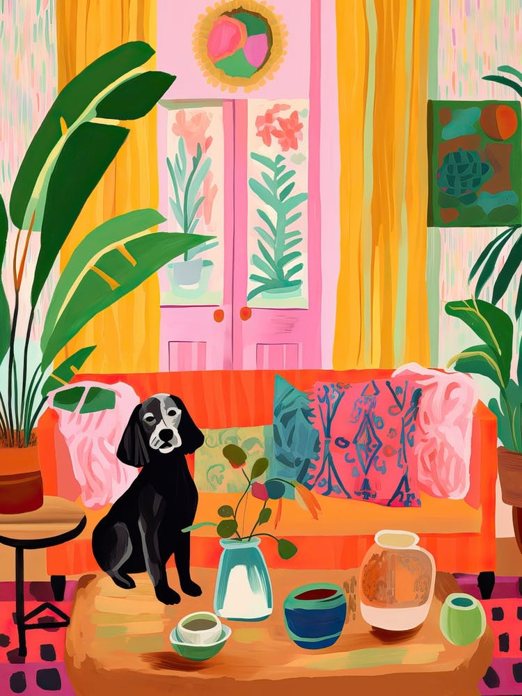 Boho Living Room With Dog Painting Animal Lovers