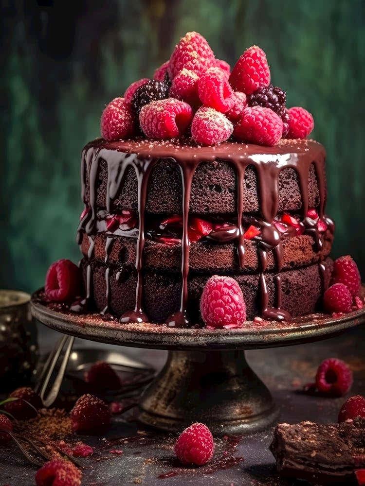 Chocolate Cake With Raspberries And Chocolate Drizzle sweet food
