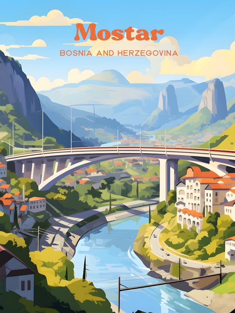 Mostar Bosnia and Herzegovina Old Bridge Modern Travel Art