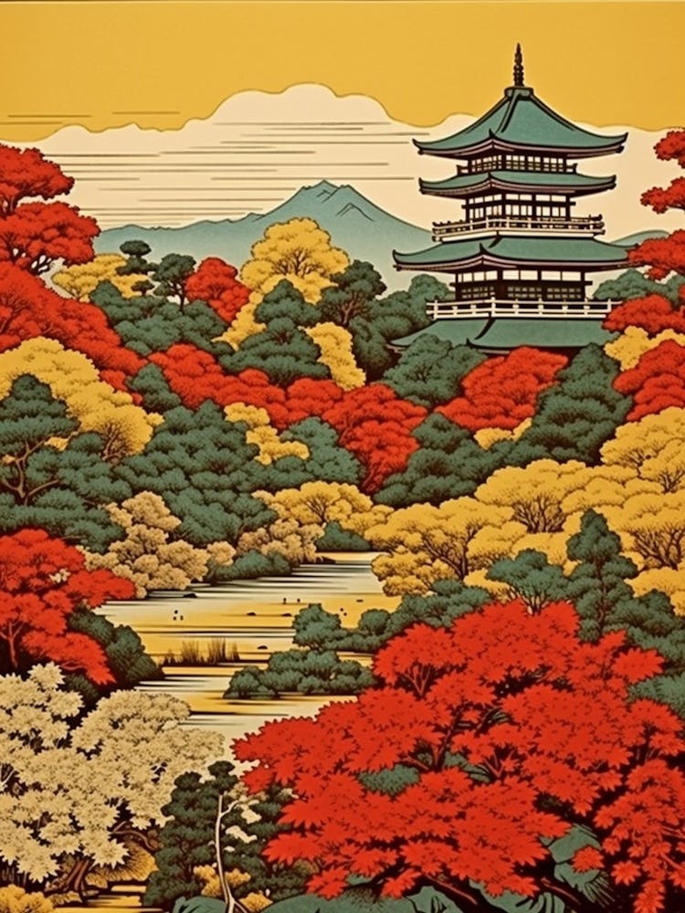 Kenrokuen Garden, Japan Vintage Travel Art 3