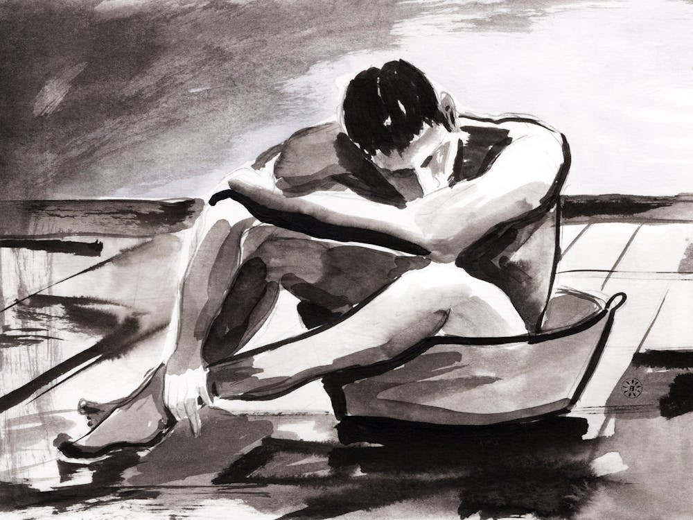 Male Nude In A Tub - man erotic homoerotic black and white ink Anton Maliar
