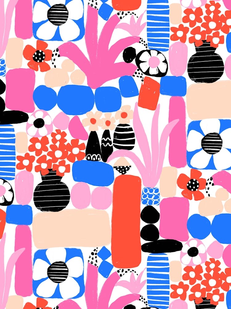 Pink, Red, Blue Botanical Paper Cut Out and Doodle Mod Art Collage