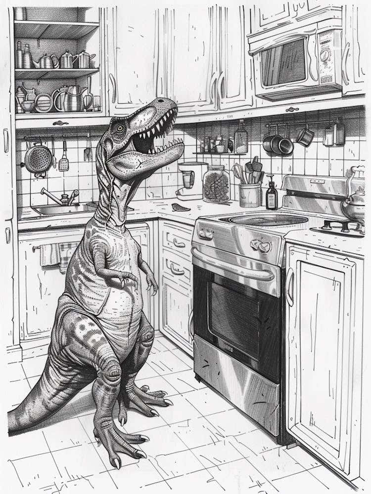 Dinosaur In The Kitchen Black & White Sketch