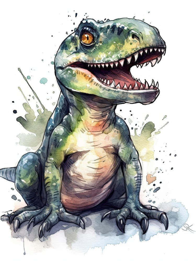 Allosaurus Cute Dinosaur Watercolour 1