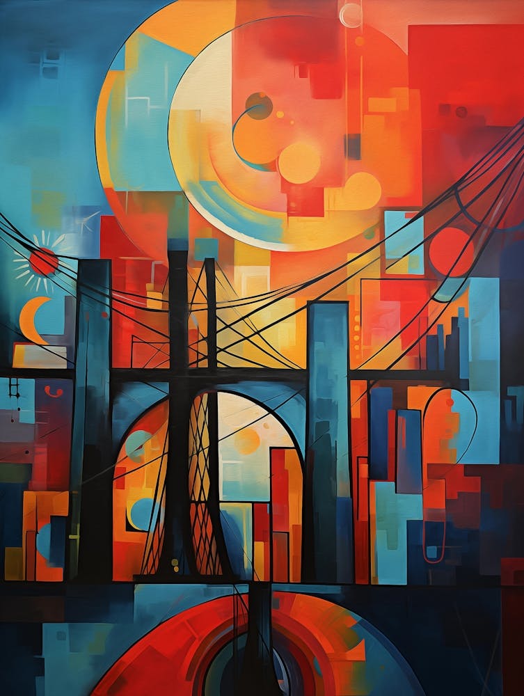 New York City III, Avant Garde Modern Abstract Vibrant Painting in Cubism Style