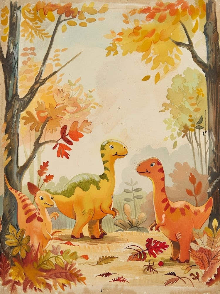 Cute Dinosaur In An Autumnal Woodland